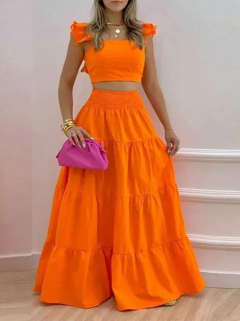 Women Two Pieces Beachwear Elegant Ruffles Sleeve Beach Dresses Leaf Print White Long Dress High Waist