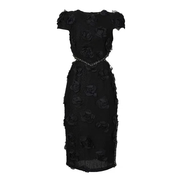 Cocktail Party Knitted Sweet Floral Evening Dress Women Clothes Elegant Sexy Hollow O-Neck Short Sleeve Skinny Midi Party Birthday