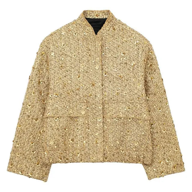 Women Fashion Shiny Sequin Jacket Gold Color Stand Collar Long Sleeve Short Coat Fall Winter Ladies Christmas Outwear