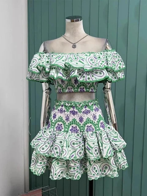 Summer Holiday Embroidery 2 Pieces Sets Women Slash Neck Layered Ruffles Elastic Cut Out Top Mini Skirt Suits Hollow Out Outfits