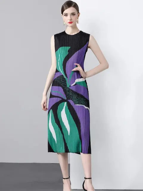 Summer Holiday Floral Print Long Pleated Dress Women Clothing Sleeveless High Stretch Straight Draped Loose Robe