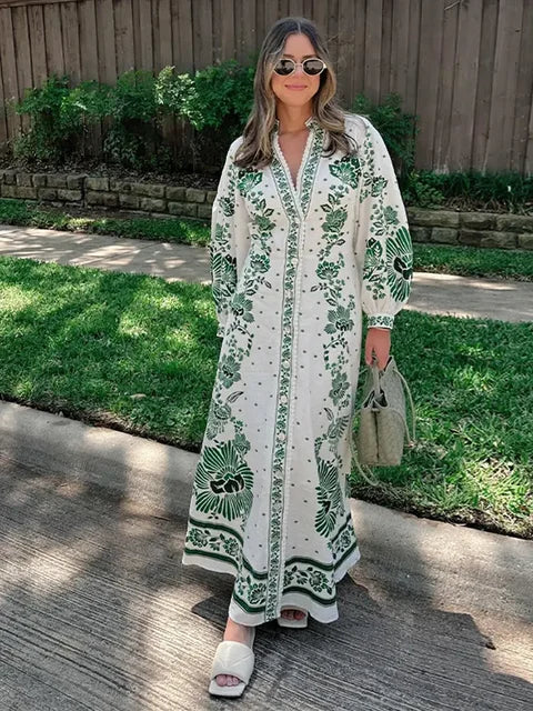 Fashion Blue Print Single Breast Maxi Dress Women Elegant Lapel Long Lantern Sleeves Long RobesBeach Vocation