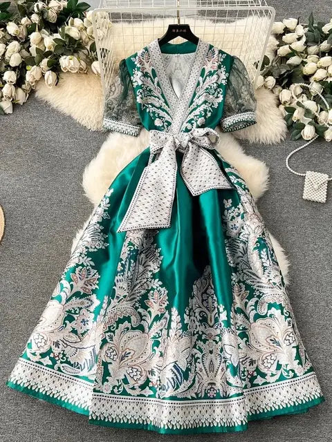 Spring Summer Bohemian Dresses Holiday Short Puff Sleeve Cross V Neck Flower Print Lace Up Robe Clothes