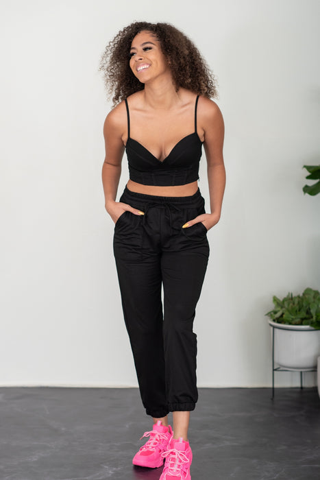 Fashion Women's Two Piece Sets Bustier and Joggers Lounge Set in Black