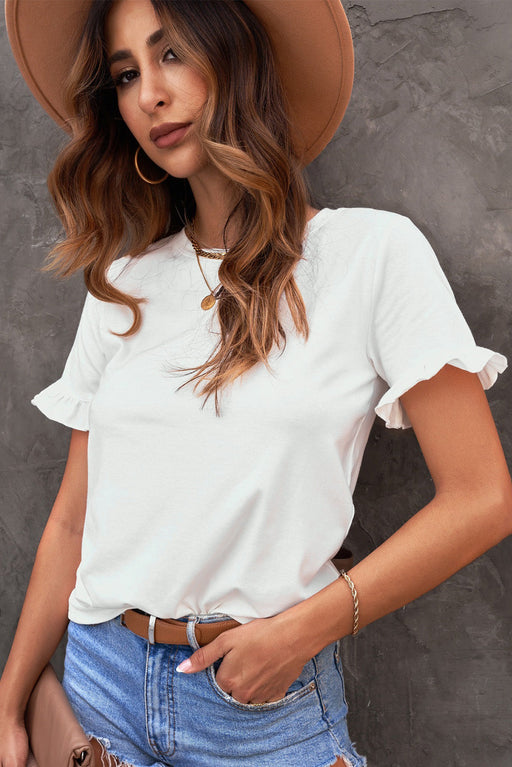 Women's T-Shirt Flounce Cuff Crewneck T-shirt AwsomU