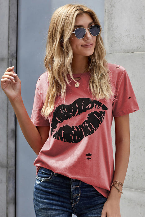 Women's T-Shirt Leopard Lip Distressed T-Shirt AwsomU