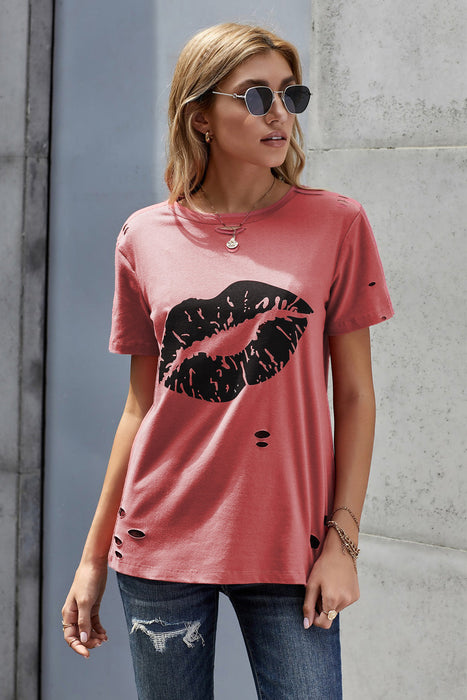 Women's T-Shirt Leopard Lip Distressed T-Shirt AwsomU