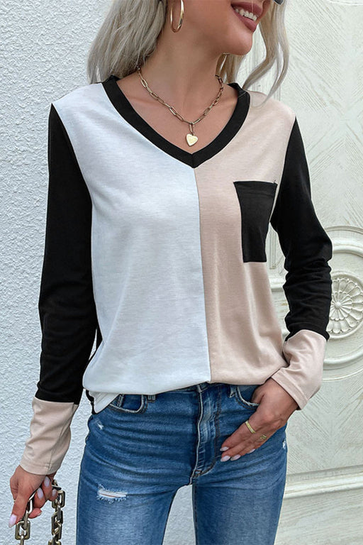 Women's T-Shirt Spliced Long Sleeve Tee with Pocket AwsomU