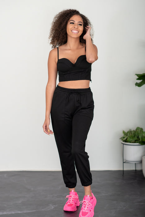Fashion Women's Two Piece Sets Bustier and Joggers Lounge Set in Black