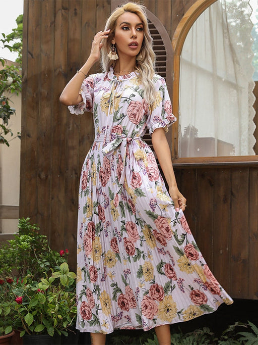 Dresses 2022 New Summer Printed Ruffle Short Sleeve Double Drawstring Pleated Dress A Line All Match Fashion Long Women AwsomU