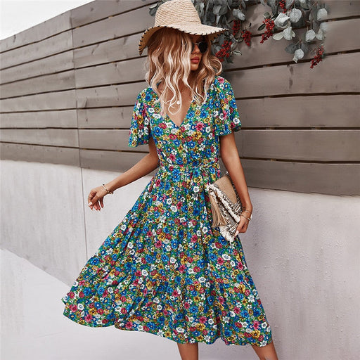 Dresses 2022 Spring New Short Sleeve Floral Dress Women Casual High Waist Sexy V Neck Print Dress For Woman Summer Long Dress AwsomU