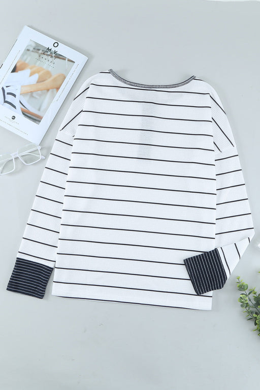 Women's T-Shirt Striped Waffle Knit Henley Long Sleeve Top AwsomU