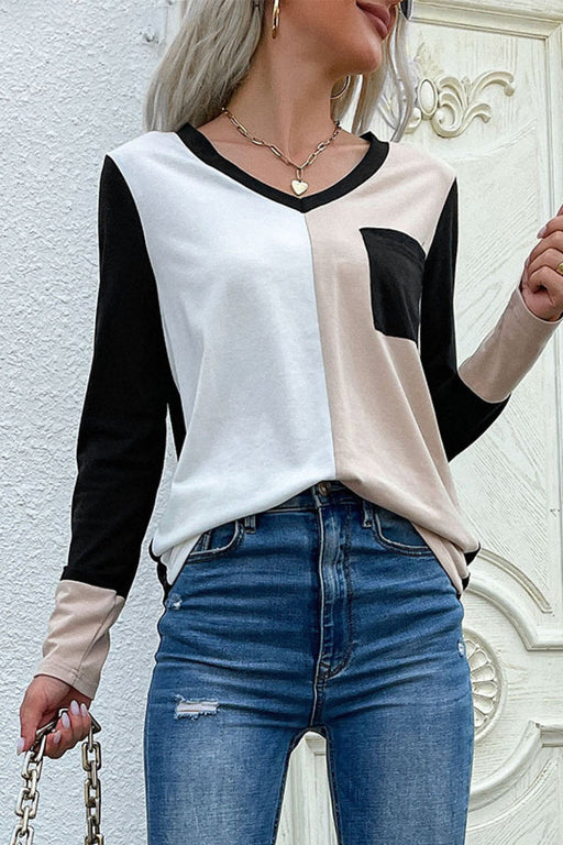 Women's T-Shirt Spliced Long Sleeve Tee with Pocket AwsomU