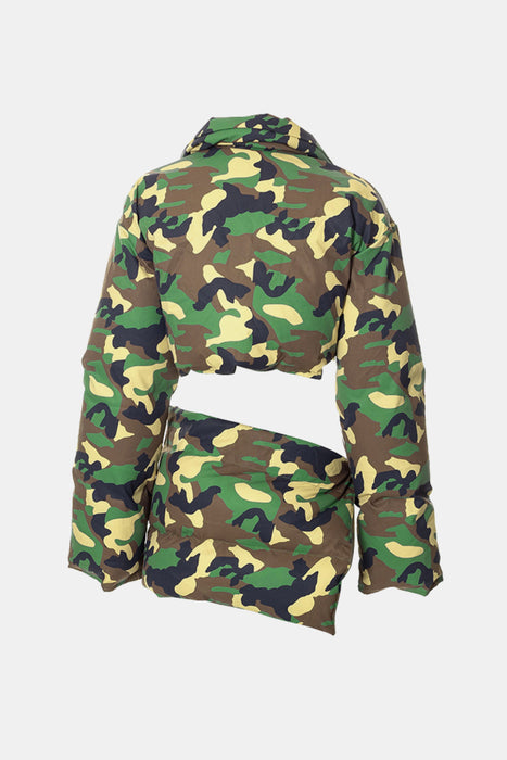 Camouflage Zip-Up Cropped Puffer Jacket and Skirt Set