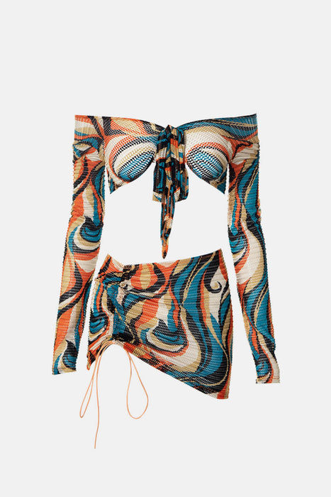 Abstract Print Long Sleeve Top and Drawstring Skirt Set
