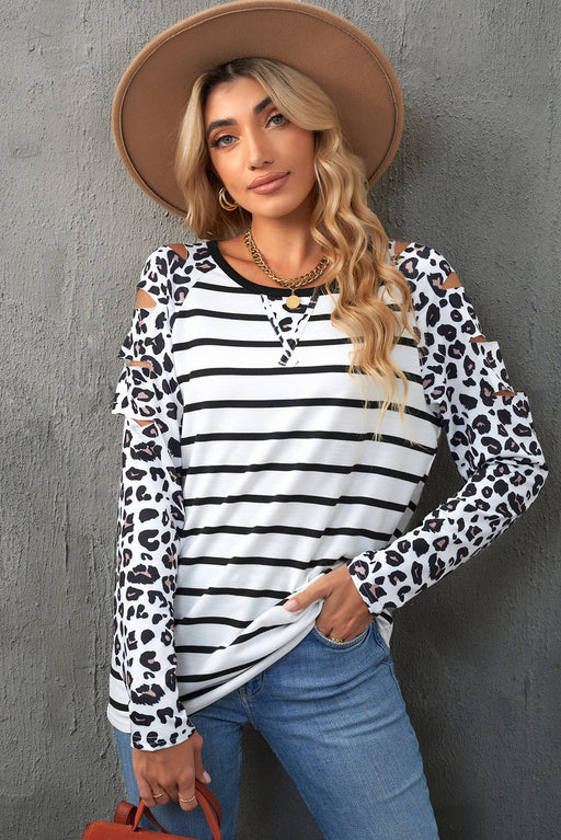 Women's T-Shirt Leopard Print Striped Distressed Long Sleeve Tee AwsomU