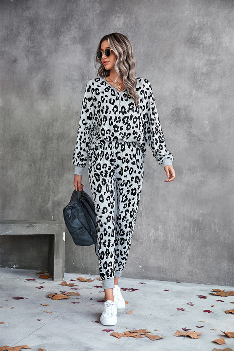 Leopard V-Neck Dropped Shoulder Loungewear Set