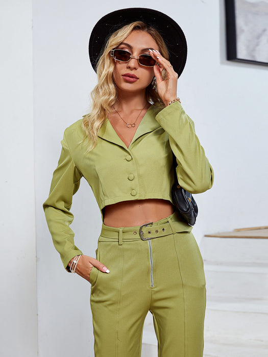 Lapel Collar Cropped Top and Belted Pants Set with Pockets