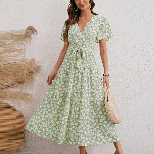 Dresses A Line Women Floral Print Dress with Sashes V Neck Ladies Casual Long Dresses High Waist Short Sleeve AwsomU