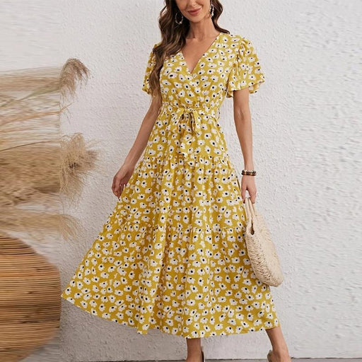 Dresses A Line Women Floral Print Dress with Sashes V Neck Ladies Casual Long Dresses High Waist Short Sleeve AwsomU