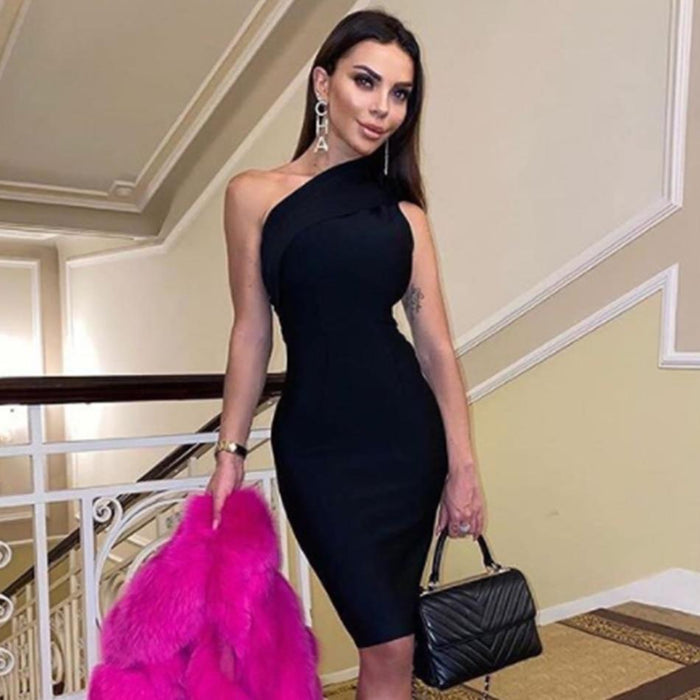 Dresses Black One Shoulder Bandage Dress Women Sexy Sleeveless Bodycon Club Celebrity Evening Party Dress AwsomU