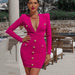 Dresses New Elegant Long Sleeved Rose Red Button Tight Bandage Dress Summer Womens Sexy Deep V Neck Mini Party Vestidos AwsomU