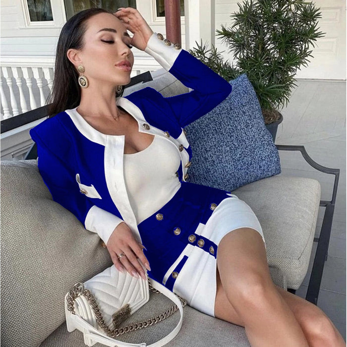 Women's Two Piece Suit New Patchwork Blue White O Neck Long Sleeve Pocket Button Two piece Bandage Skirt Female Set Summer Skirt Suits AwsomU