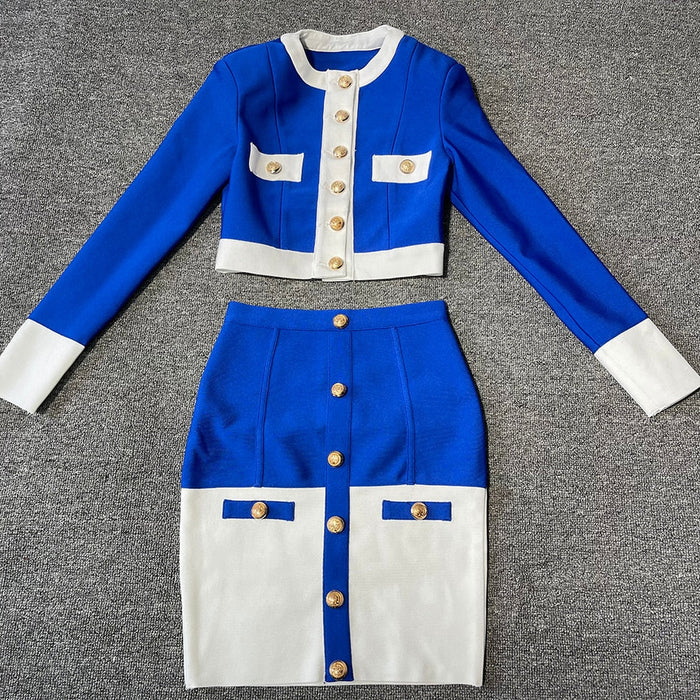 Women's Two Piece Suit New Patchwork Blue White O Neck Long Sleeve Pocket Button Two piece Bandage Skirt Female Set Summer Skirt Suits AwsomU