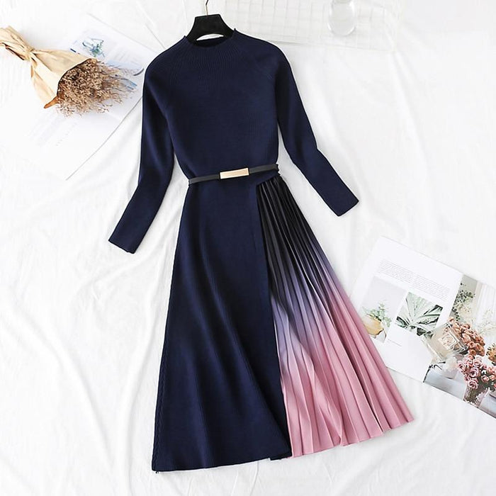 Dresses Fall Winter Elegant Knitted Patchwork Gradient Pink Pleated Dress Women Long Sleeve Office One Piece Sweater Dress With Belt AwsomU