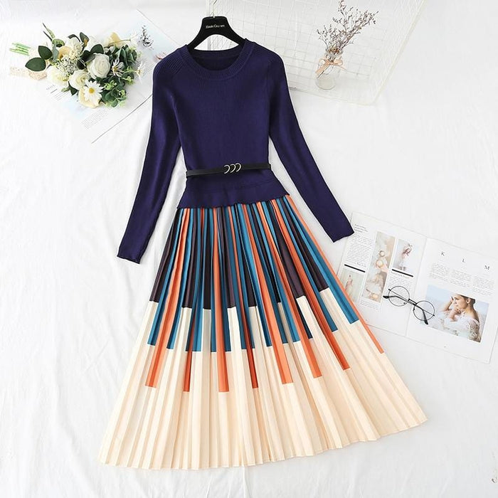 Dresses Fall Winter Elegant Knitted Patchwork Gradient Pink Pleated Dress Women Long Sleeve Office One Piece Sweater Dress With Belt AwsomU