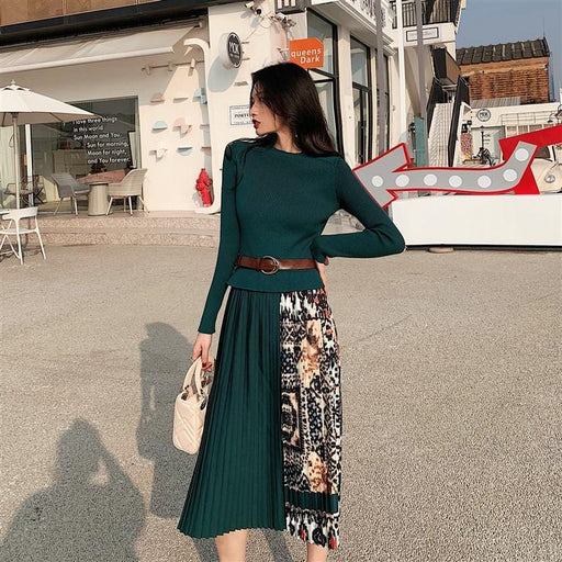 Dresses New Spring Fall Elegant Knitted Patchwork Pleated Midi Dress Women Long Sleeve Retro Runway Printing chic Dresses AwsomU