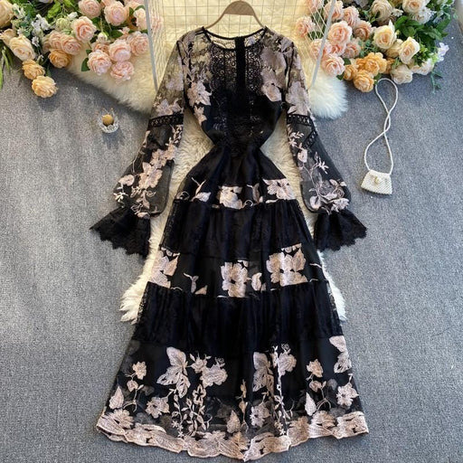 Dresses Fashion Runway Dress Spring Fall Women's Dress O Neck Flare Sleeve Flowers Embroidery Elegant Lace Long Dresses AwsomU