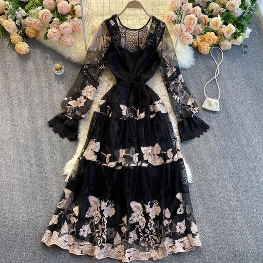 Dresses Fashion Runway Dress Spring Fall Women's Dress O Neck Flare Sleeve Flowers Embroidery Elegant Lace Long Dresses AwsomU