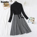 Dresses High Collar A line Knit Dress Women's Fall Winter Thickened Arrow Striped Women Elegant Sashes Knitted Dress AwsomU