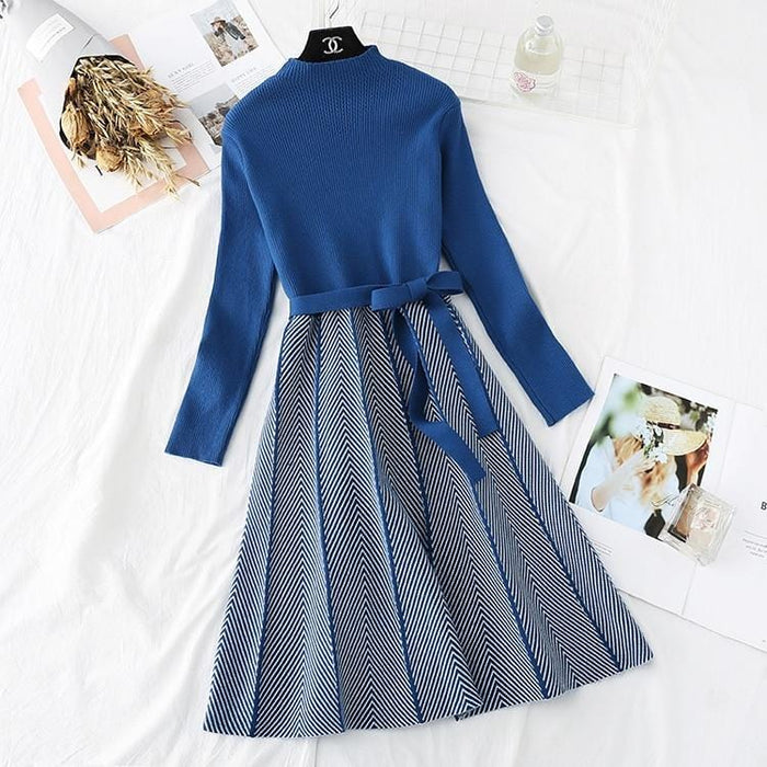 Dresses High Collar A line Knit Dress Women's Fall Winter Thickened Arrow Striped Women Elegant Sashes Knitted Dress AwsomU