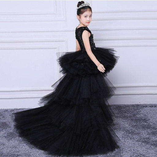 Girl's Dresses Black Lace Embroidery Vintage Dresses for Kids Tiered Short Front Long Back Prom Dress Teen Clothes Long Tail Girls Party Summer Dress AwsomU