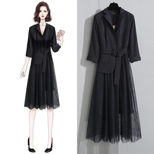 Dresses Black striped suit dress female new fashion design sense mesh stitching dress AwsomU