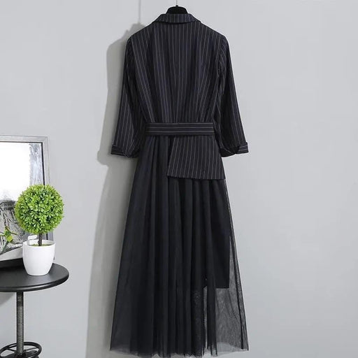 Dresses Black striped suit dress female new fashion design sense mesh stitching dress AwsomU