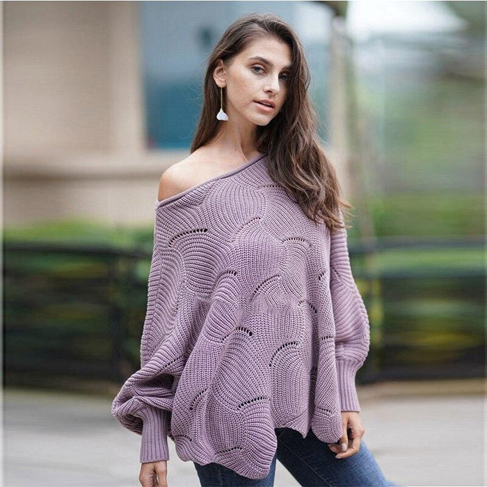 Women's sweater Cape Type Women's Sweaters Solid Hollow Out Ladies Loose Knitted Wear Round Neck Long Sleeve Jumpers for Female AwsomU