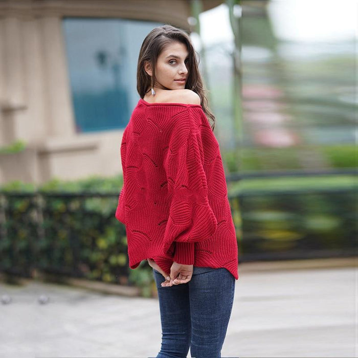 Women's sweater Cape Type Women's Sweaters Solid Hollow Out Ladies Loose Knitted Wear Round Neck Long Sleeve Jumpers for Female AwsomU