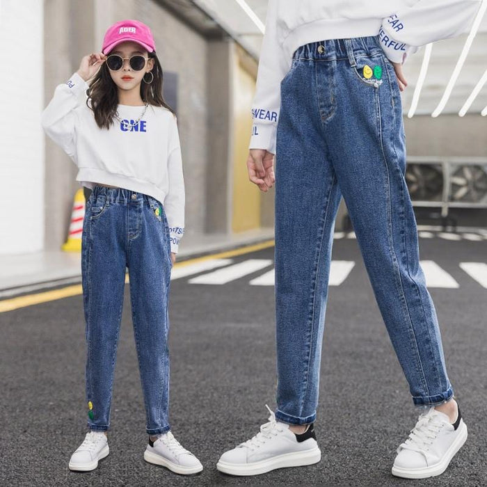 Girl's Jeans Embroidery Love Harem Jeans Girls New Designer High Quality Children Pants Trend Blue Jeans for Teenage Clothes AwsomU