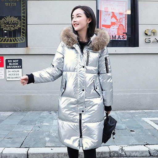 Women's Jacket Causal Glossy Silver Down Jackets Winter Women's Long Fur Collar Hooded Coat Parkas Thick Winter Jacket Women Outwear AwsomU