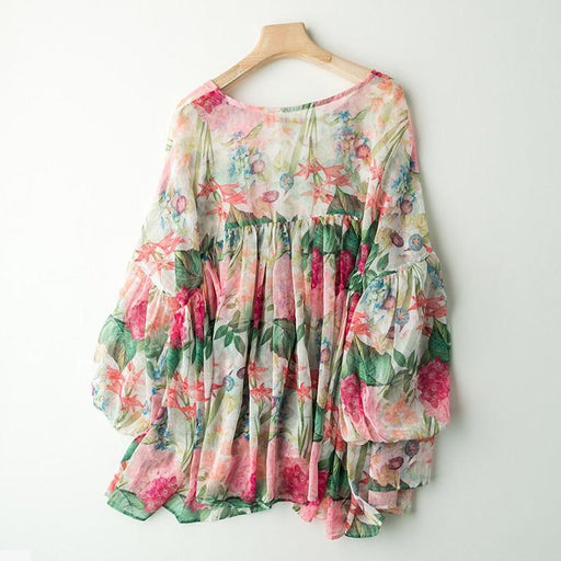 Tops & Blouses Floral chiffon shirt women's plus size fashion retro thin loose casual lantern sleeve top AwsomU