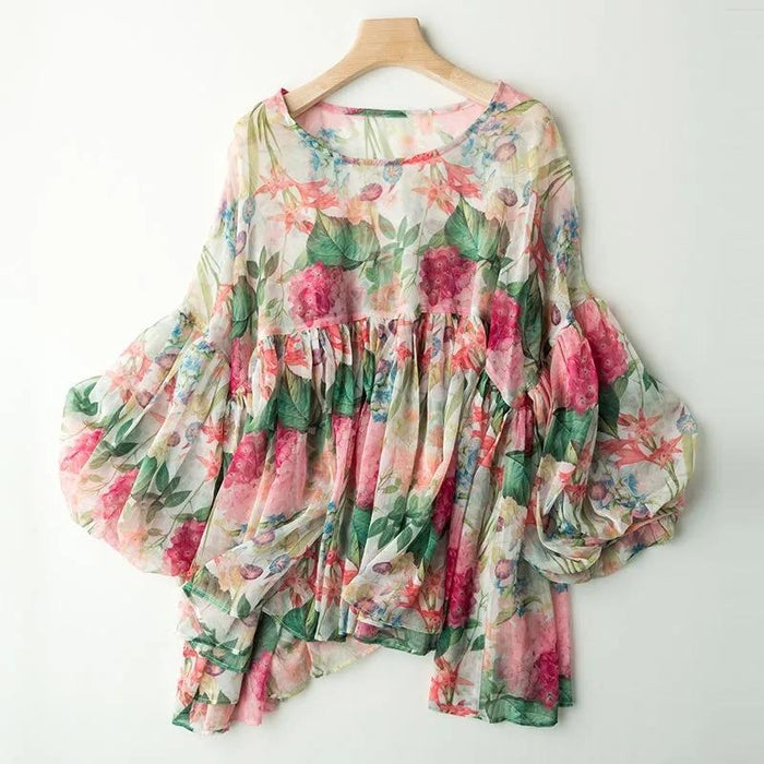 Tops & Blouses Floral chiffon shirt women's plus size fashion retro thin loose casual lantern sleeve top AwsomU