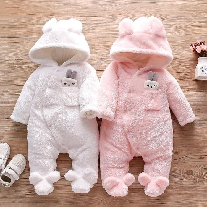 Baby Jumpsuit Winter Baby Solid Fleece Rabbit Hooded JumpsuitBaby Unisex Sweet Jumpsuits Baby Clothes AwsomU