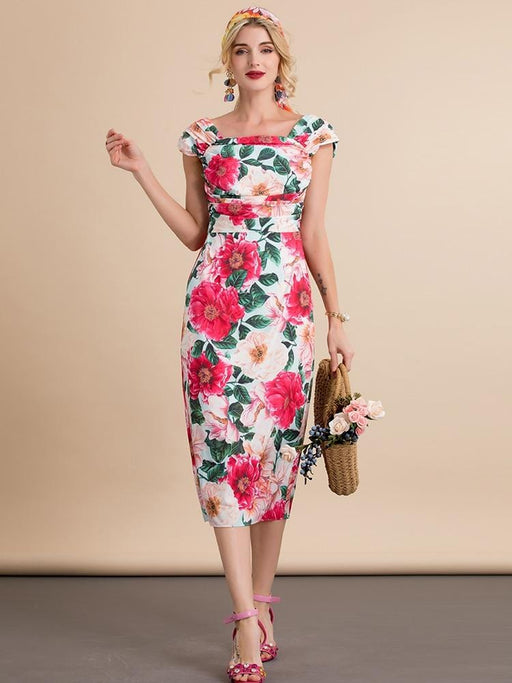 Dresses Fashion Runway Summer Spaghetti Strap Dress Women's Slim Vacation Floral print Elegant Midi Dress AwsomU