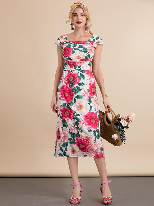 Dresses Fashion Runway Summer Spaghetti Strap Dress Women's Slim Vacation Floral print Elegant Midi Dress AwsomU