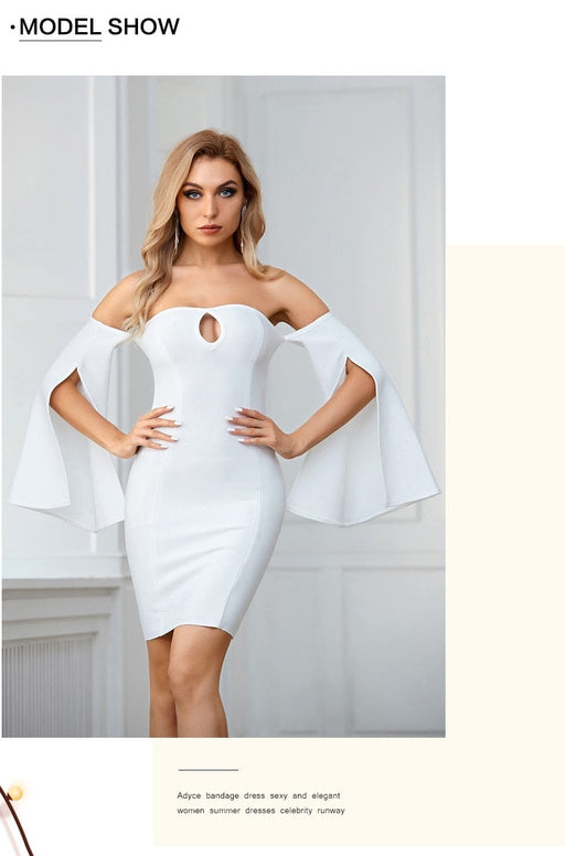 Dresses Women Off Shoulder Long Sleeve Bandage Dress Sexy Hollow Out White Mini Club Celebrity Runway Party Dress|Dresses| AwsomU