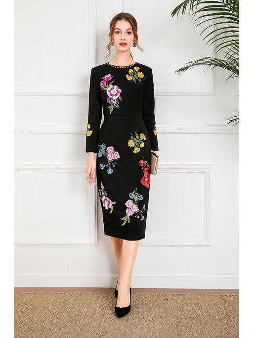 Dresses Runway Designer Women Elegant Knee Length Pencil Dress Diamond O Neck Slim Flower Embroidery Dresses AwsomU