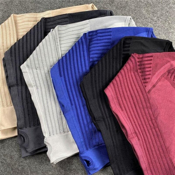 Women's Two Piece Suit Sexy Slim Mesh Yoga Suit Seamless Quick Dry Sports Yoga Suit Striped Long Sleeve Bubble Butt Leggings Gym Fitness Running Suit AwsomU